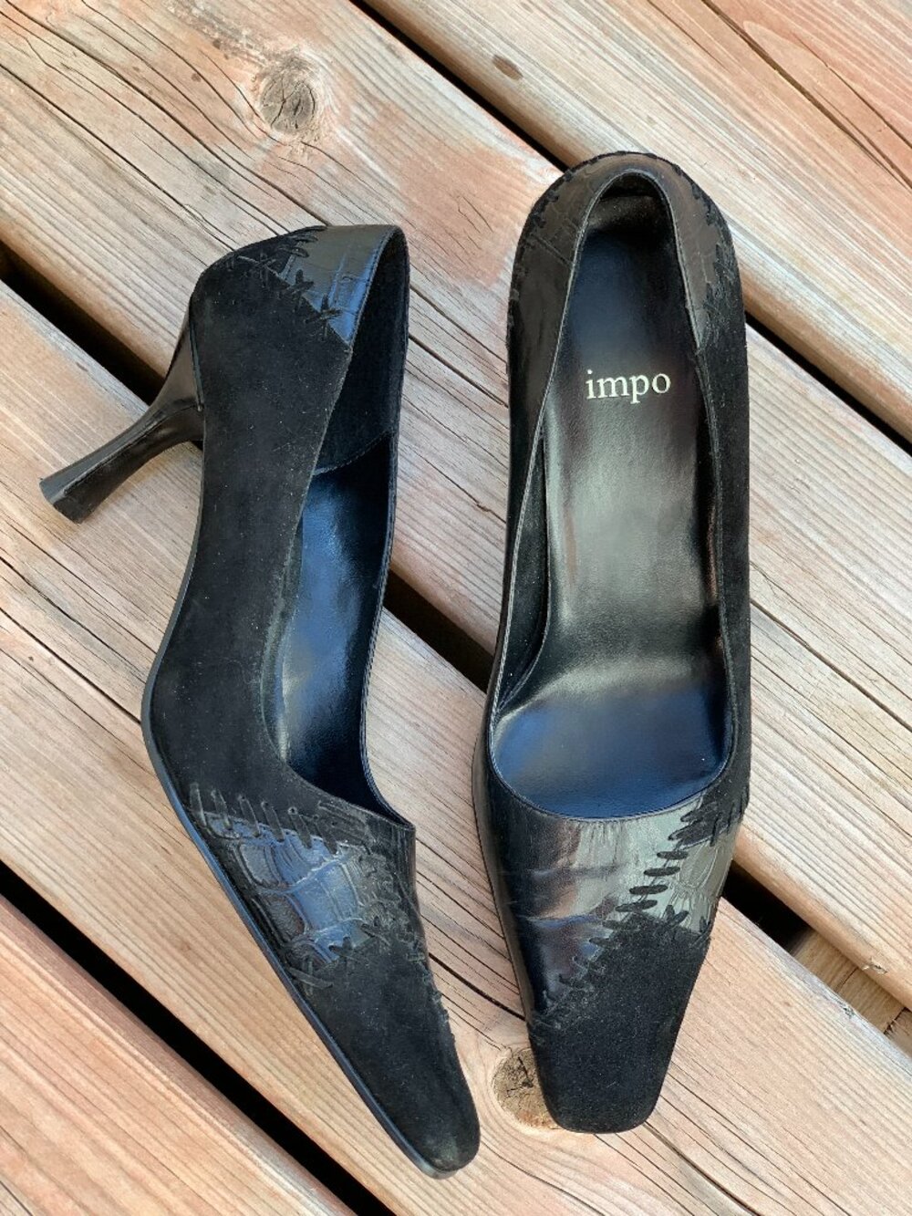 Vintage 90s Impo Pointy Toe Pumps 7 Black Suede Leather Heels Shoe Boho Chic Y2K